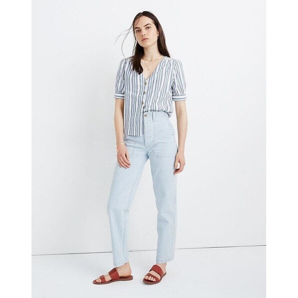 MADEWELL Plaza Button-Front Shirt in Blue / White Stripe XXS Banded Puff Sleeves